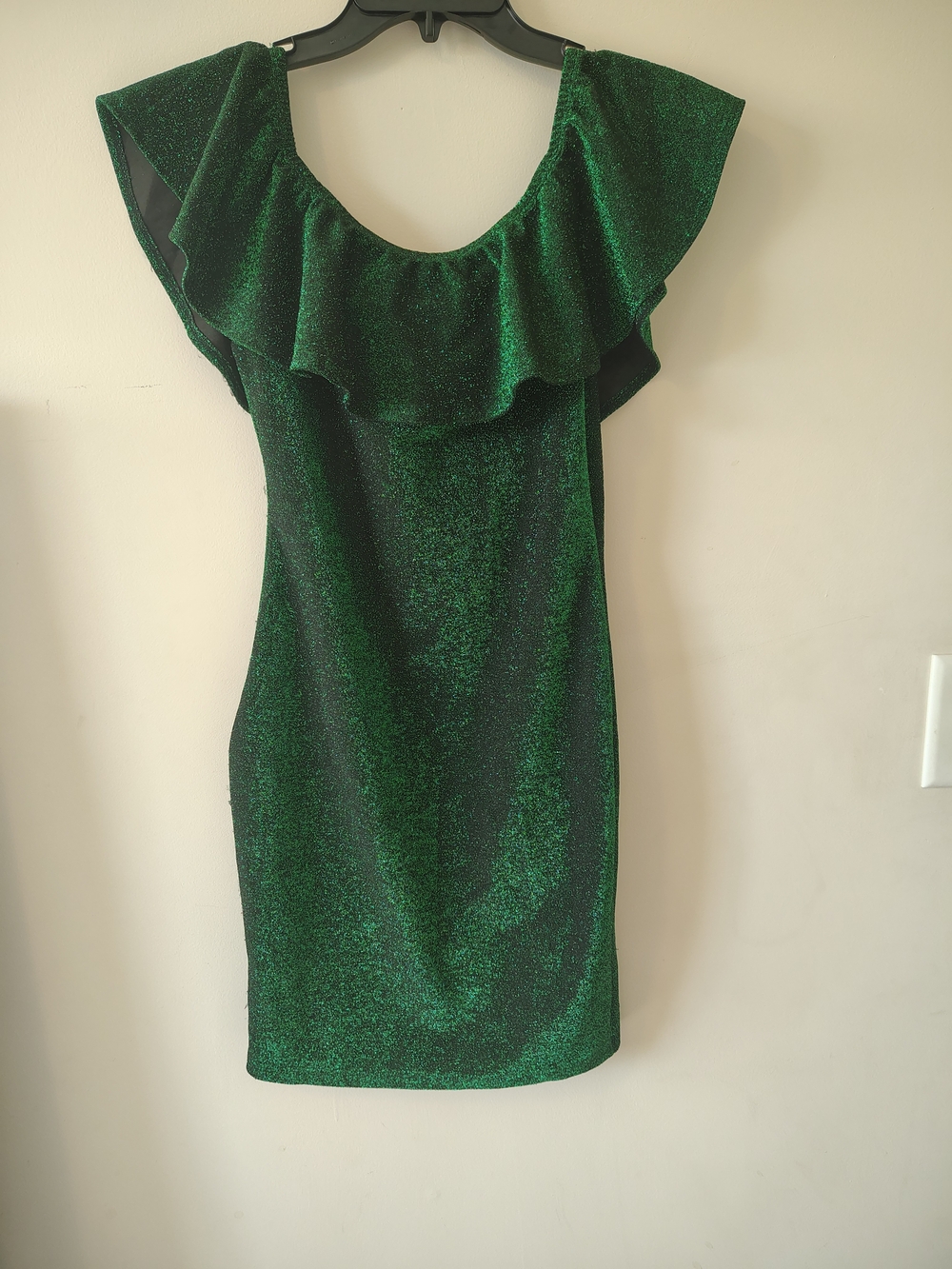 Shimmer Green Ruffle-Shoulder Mini Dress - Picture 6 of 7
